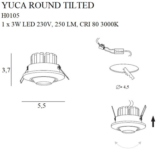 Infälld rörlig spotlight svart rund LED 3W YUCA ROUND Maxlight