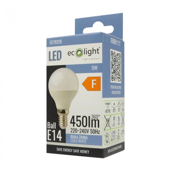 Ecolight välkkymätön pallomainen LED-lamppu E14 5W 6500K 450lm