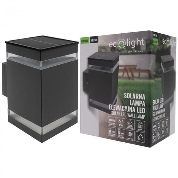 Ecolight firkantet grå-sort LED 1.2W solcelle væglampe med skumringssensor