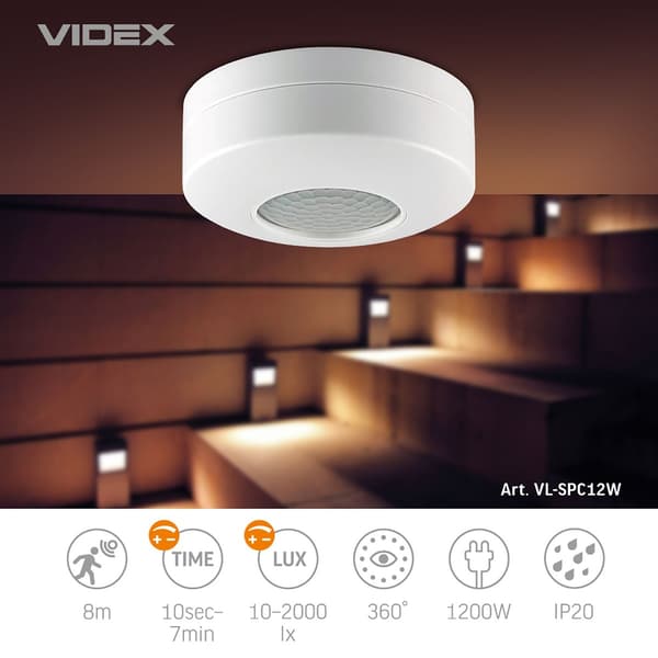 PIR bevægelses- og lyssensor 1200W IP20 8 meter rund Videx