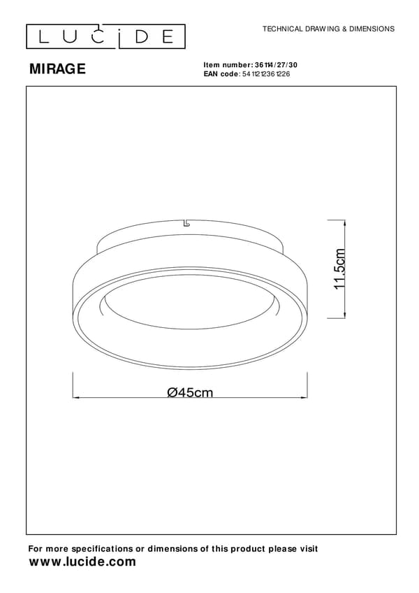 Loftlampe 45 cm LED 33W sort rund MIRAGE Lucide