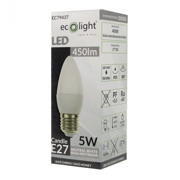 Ecolight välkkymätön LED-kynttilälamppu E27 5W 4000K 450lm