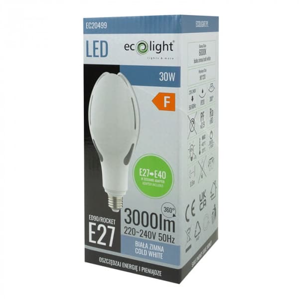 LED-katuvalolamppu erittäin tehokas E27 30W 6000K 3000lm E27 / E40 Ecolight