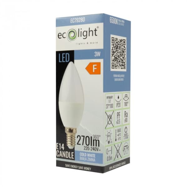 Ecolight välkkymätön LED-kynttilälamppu E14 3W 6500K 270lm
