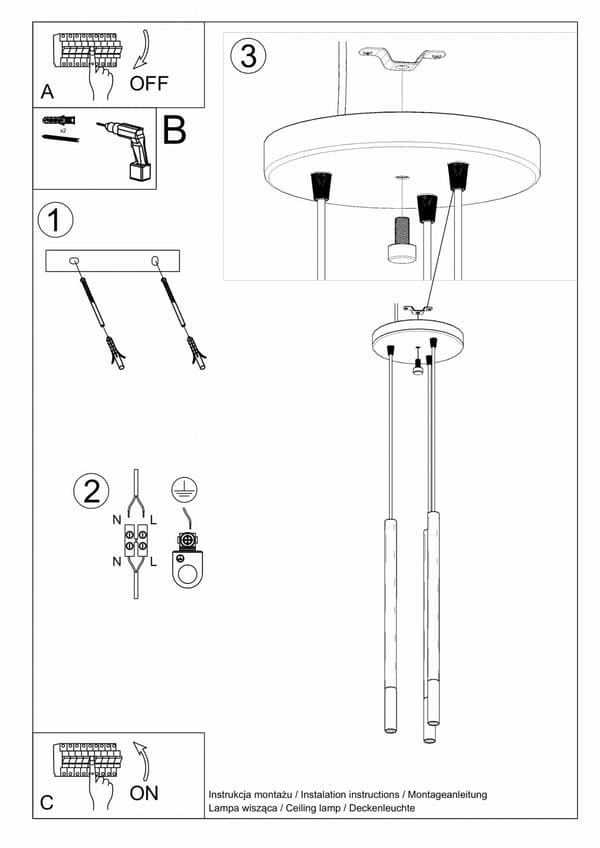 MOZAICA 3P pendellampe sort/guld Sollux Lighting SL.0893