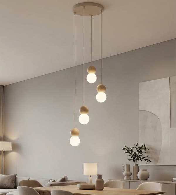 Hänglampa modern beige-vit trä- och glaskulor 4xG9 8W LOOP Emibig