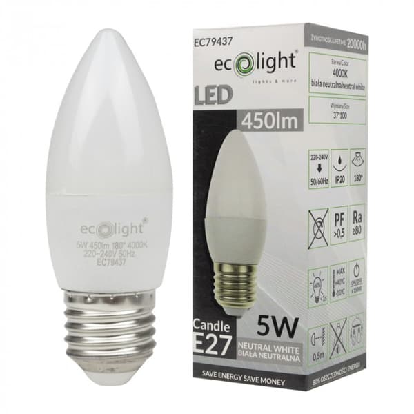 Ecolight välkkymätön LED-kynttilälamppu E27 5W 4000K 450lm