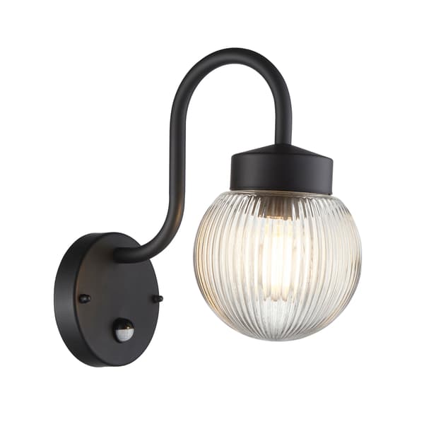 Udendørs væglampe med PIR-sensor sort riflet glaskugle 1xE27 10W ELDON Endon