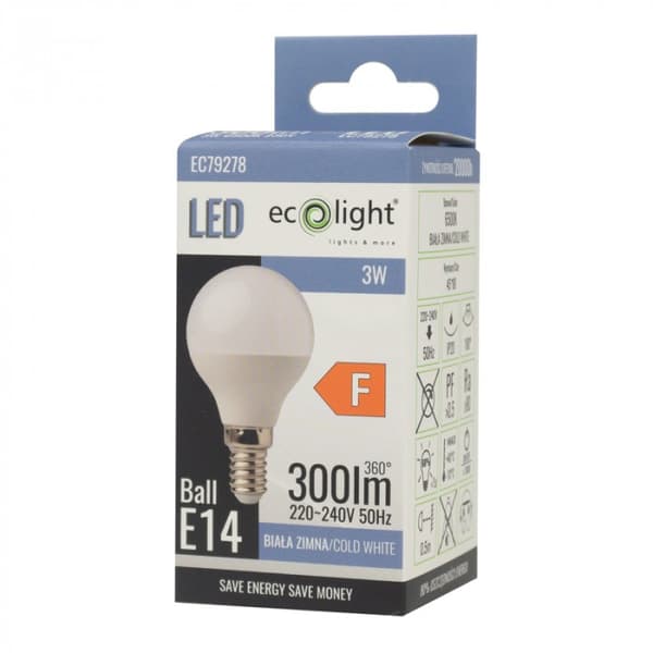 Ecolight välkkymätön LED-pallolamppu E14 3W 6500K 270lm