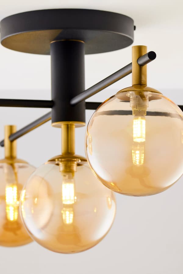 Moderne sort-guld loftlampe med ravfarvede glaskugler 5xG9 14W FIGARO Jupiter