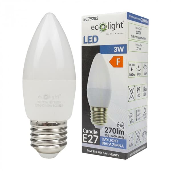 Ecolight välkkymätön LED-kynttilälamppu E27 3W 6500K 270lm