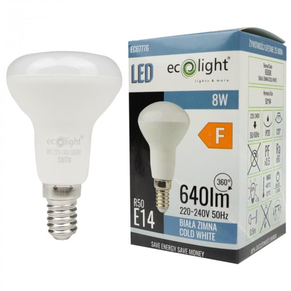 Välkkymätön LED-lamppu R50 E14 8W 6500K 720lm Ecolight