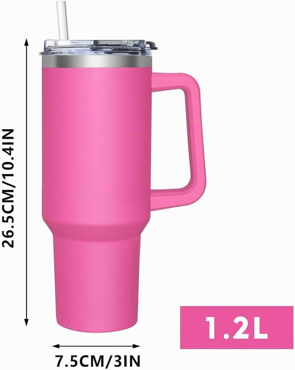 Termosmugg med 2-i-1-lock 1200 ml, drickskopp med lock och sugrör, rosa-röd