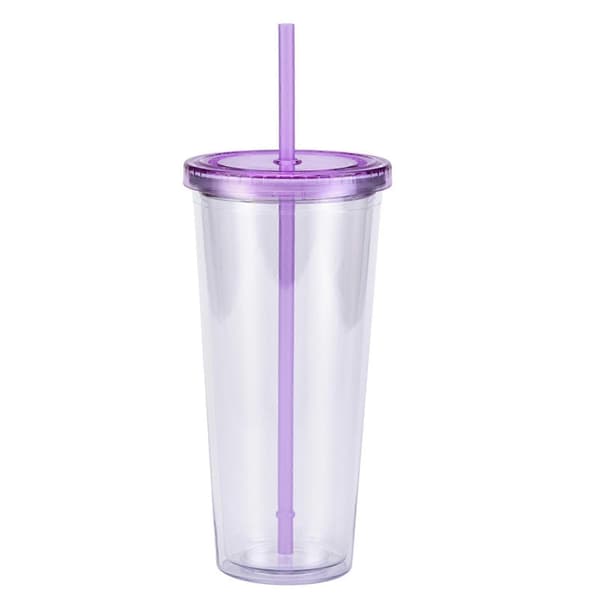 Dubbellagers plastmugg med sugrör och lock 700ml transparent