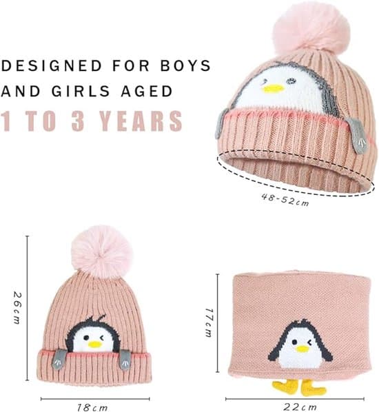 Mössa och halsduk set - Söt barnmössa - Babymössa - Vinter - Stickad mössa - Rosa