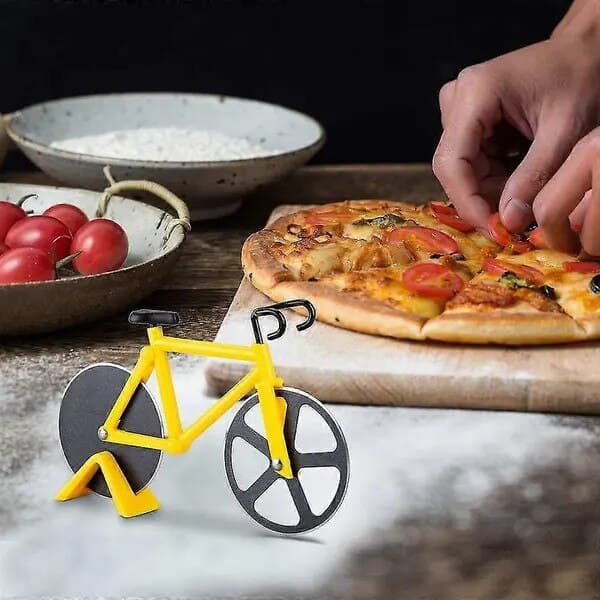 Cykel pizzaskærer, dobbelt rustfrit stålblad, med displaystander, gul/sort