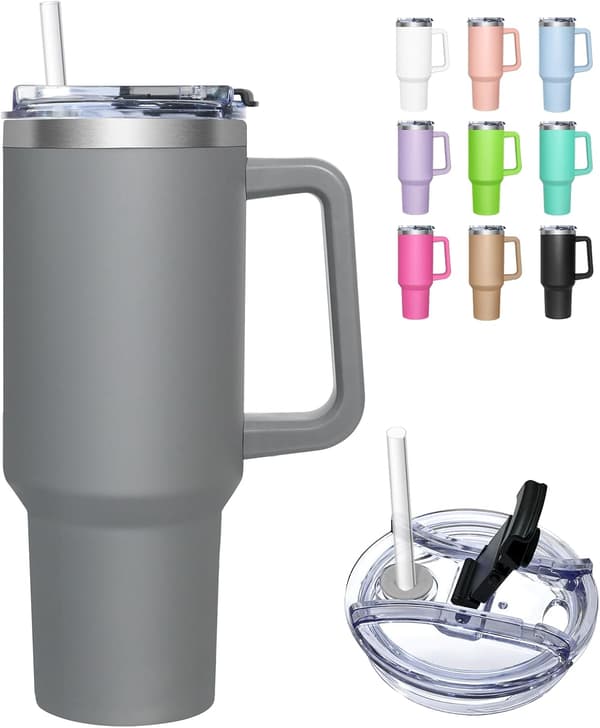 Termosmugg med 2-i-1 lock 1200 ml, Drickskopp med lock och sugrör, Grå