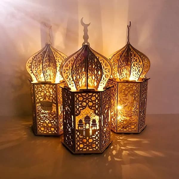 Sæt med 3 LED Eid Mubarak lamper, træ, 35x15cm