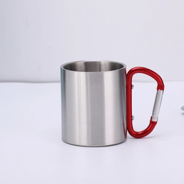 Dubbelväggig campingmugg, borstat stål, karbinhake, grå, 80x70mm, 230ml