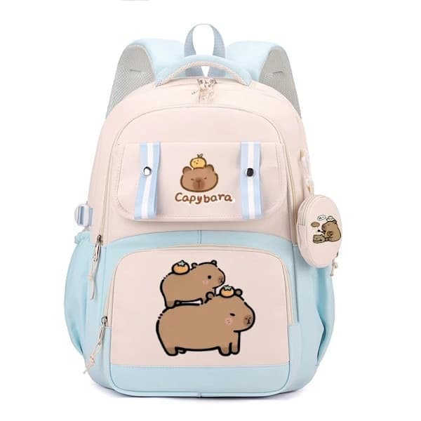 Børne rygsæk, stor kapacitet, capybara print, blå, 14 tommer