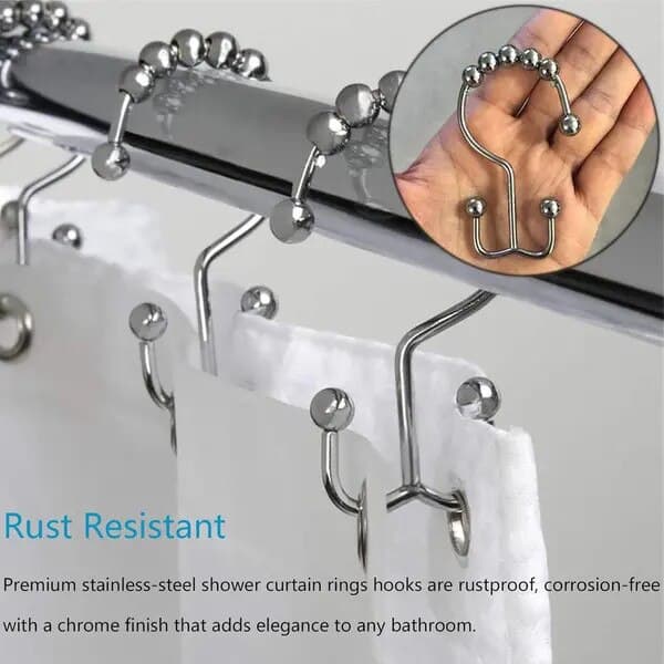 Duschdraperiringar, rostfritt stål, 5-rullars glidsystem, silver, set om 12 stycken