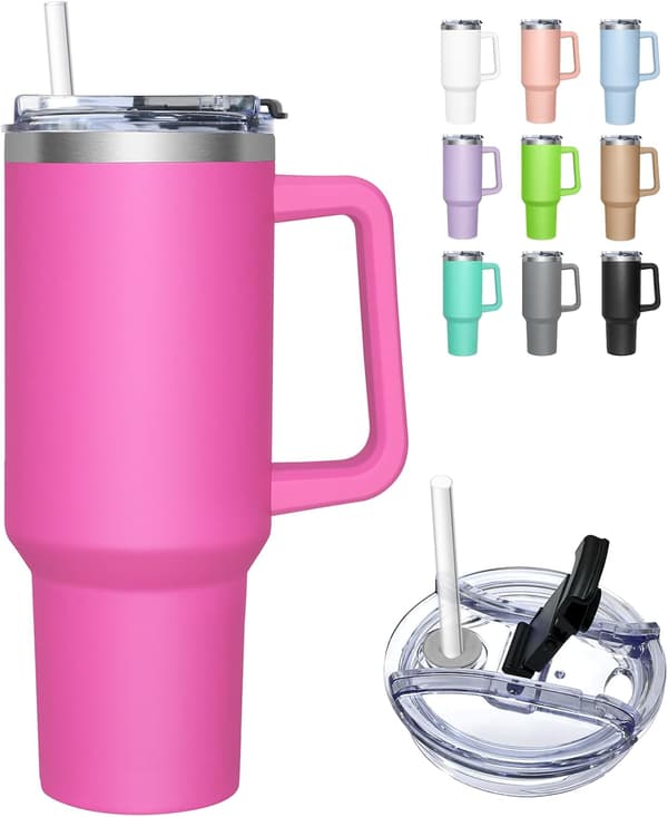 Termosmugg med 2-i-1-lock 1200 ml, drickskopp med lock och sugrör, rosa-röd
