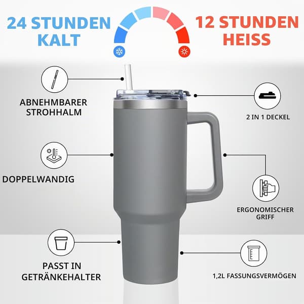 Termosmugg med 2-i-1 lock 1200 ml, Drickskopp med lock och sugrör, Grå