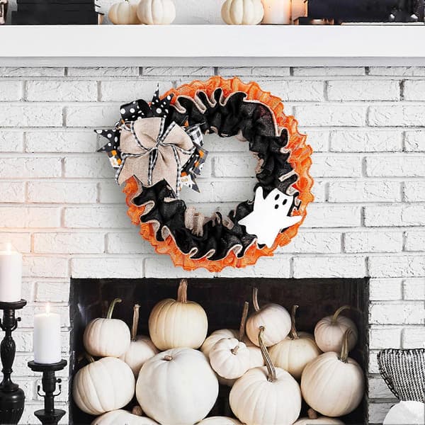 Halloween Dørkrans med Spøgelse og Sækkelærredssløjfe 1 stk.