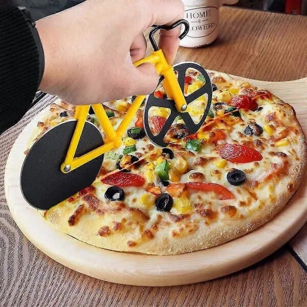 Cykel pizzaskærer, dobbelt rustfrit stålblad, med displaystander, gul/sort