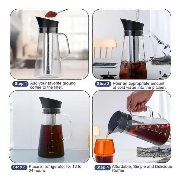 Kallbryggningskanna, 1200ml, transparent glas, finfilter, set