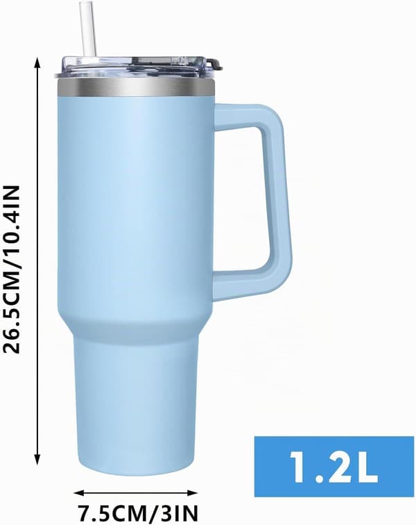 Termosmugg med 2-i-1 lock 1200 ml, Drickskopp med lock och sugrör, Ljusblå
