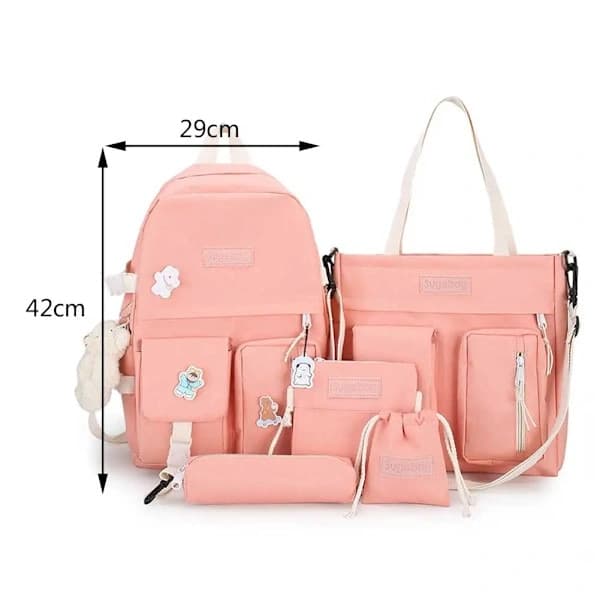 Lærredsrygsæk og taskesæt til studerende, multi-rum, stor kapacitet – 5 dele, Pink, 42x29 cm