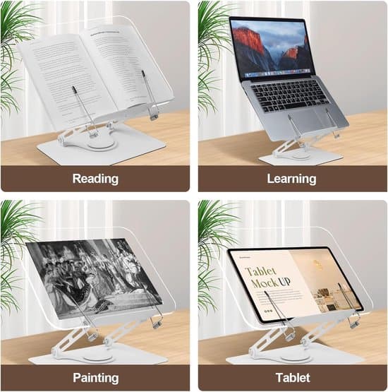 Akryl læsestativ, højdejusterbart, foldbart, med 360° roterende base og sideklemmer, til noder, magasiner, bøger og laptops