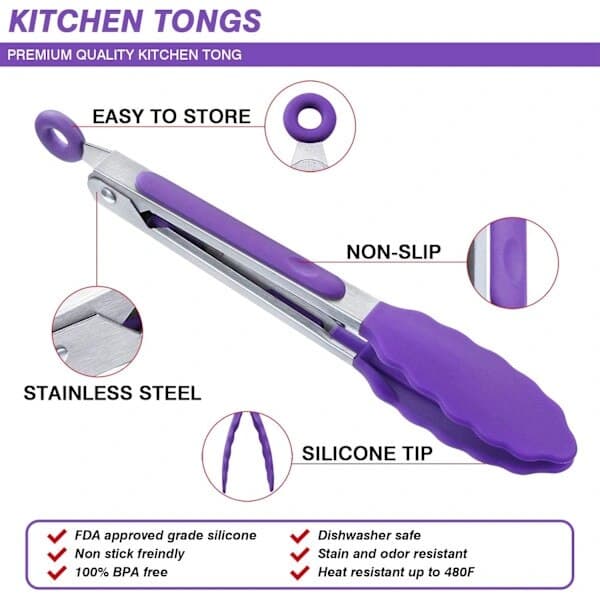 Mini silikone tang, lilla, 18 cm, sæt med 1
