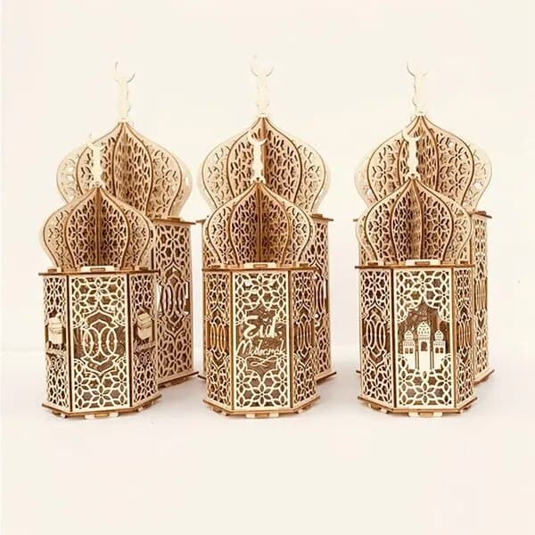 Sæt med 3 LED Eid Mubarak lamper, træ, 35x15cm