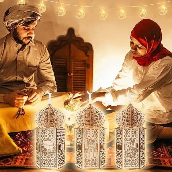 Sæt med 3 LED Eid Mubarak lamper, træ, 35x15cm