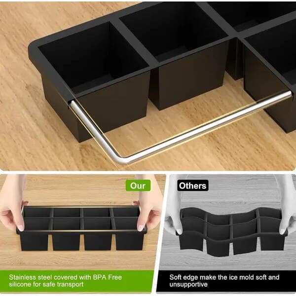 Isterningform, fleksibel silikone, plastlåg, sort, 2x8 terninger, 2 tommer