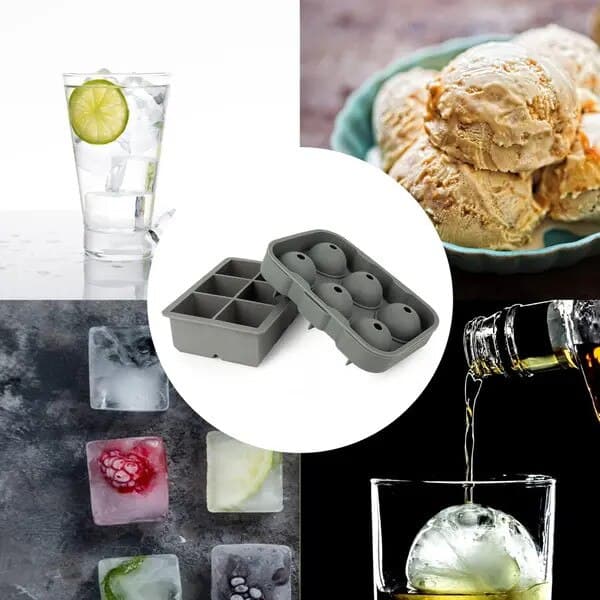 Set med 2 silikonformar för sfäriska isbitar och puckar, 6 stycken, transparent