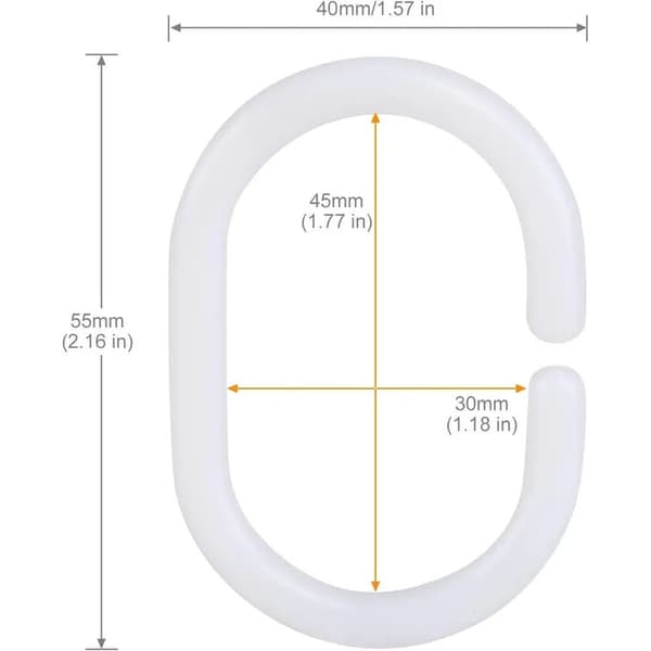 Duschdraperikrokar i plast, set om 24, oval C-form (ring), vit, 55 mm