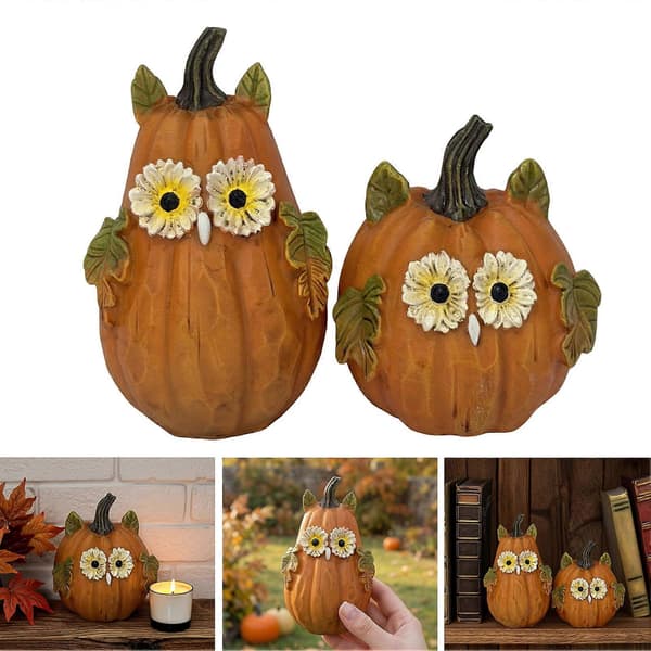 Håndlavet Uglefigur med Græskar til Høst og Halloweenpynt B