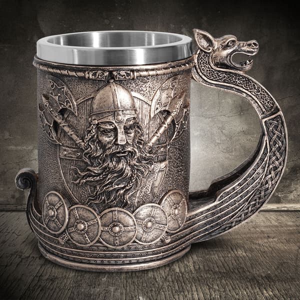 Viking ølkrus, rustfrit stål, harpiks, 3D, sort, stort