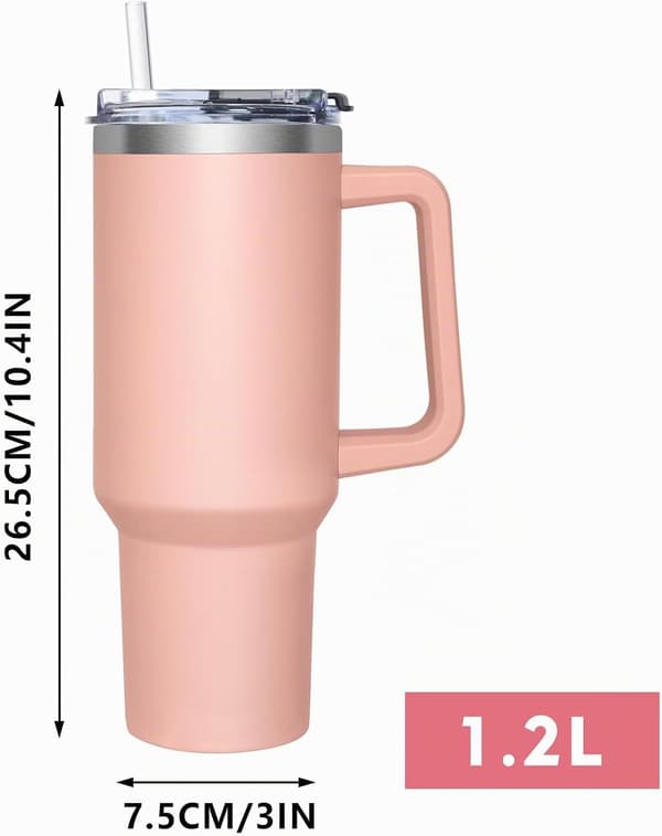 Termosmugg med 2-i-1-lock 1200 ml, Drickskopp med lock och sugrör, Ljusrosa
