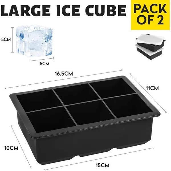 Sæt med 2 isterningebakker, silikone, låg, sort, store