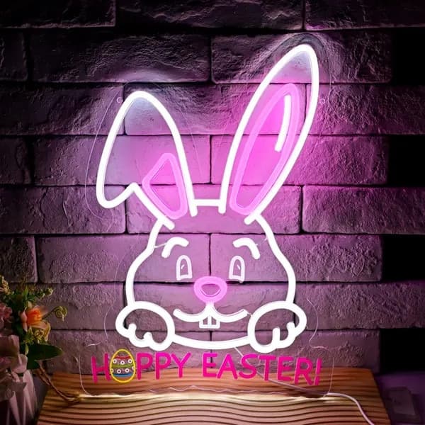 LED neonlys påskehare, justerbar, USB, 30x20cm