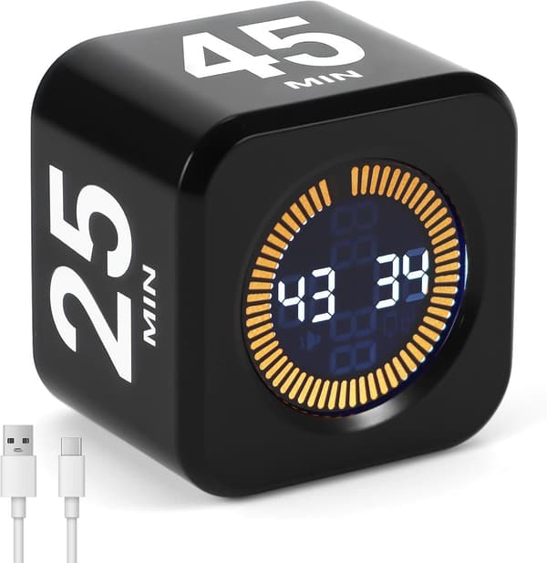 Rotation Pomodoro Timer, 5/10/25/45 minutter, Brugerdefineret nedtællingskube Visuel, Sort