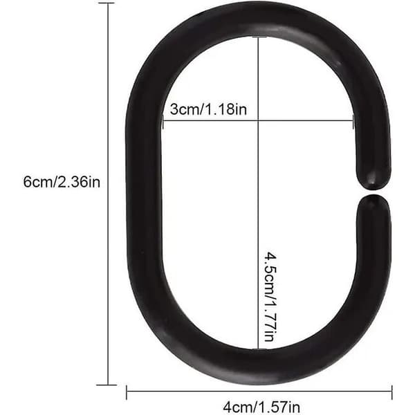 Bruseforhængsringe, plast, C-formet oval 6 x 4 cm, sort, sæt med 12 stk.