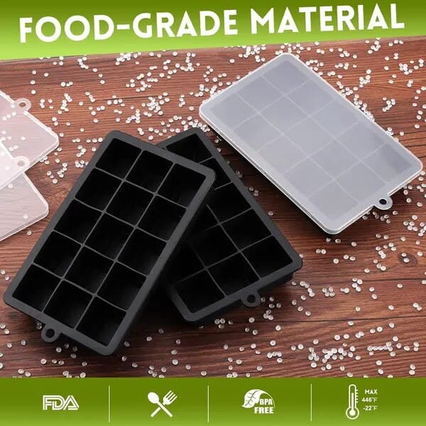 Set med 3 isbitsformar i silikon, lock, 15 kuber, transparent, 22x15x4cm