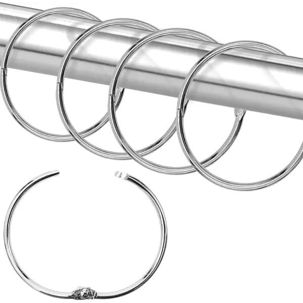 Sæt med 24 badeforhængsringe, rustfrit stål, hængslet åbning, glat glid, indvendig diameter 50,8 mm, sølv