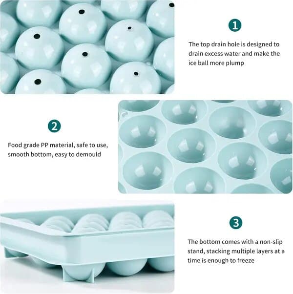 Set med 2 runda isbitsformar, 3 cm, lock, hårdplast, 33 stycken vardera