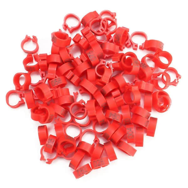 100 numrerade plastduvringar 8 mm, bokstäver 001-100 (röd)